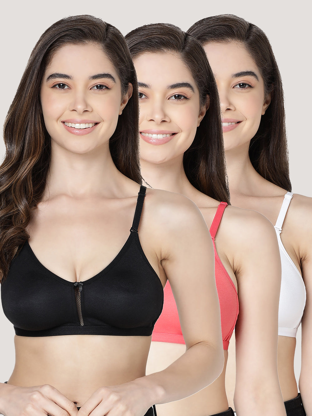 Gloria Full Coverage Double Layered Cups Everyday Bra | Pack of 3-CORAL BLACK WHITE