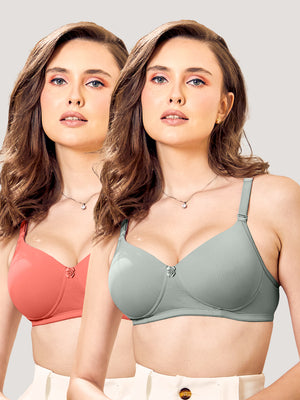 Sheley Women's Wirefree Soft Padded Cups Detachable Straps Bra Pack of 2-CORAL OCEAN GREEN