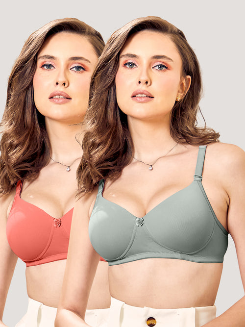 Sheley Women's Wirefree Soft Padded Cups Detachable Straps Bra Pack of 2-CORAL OCEAN GREEN