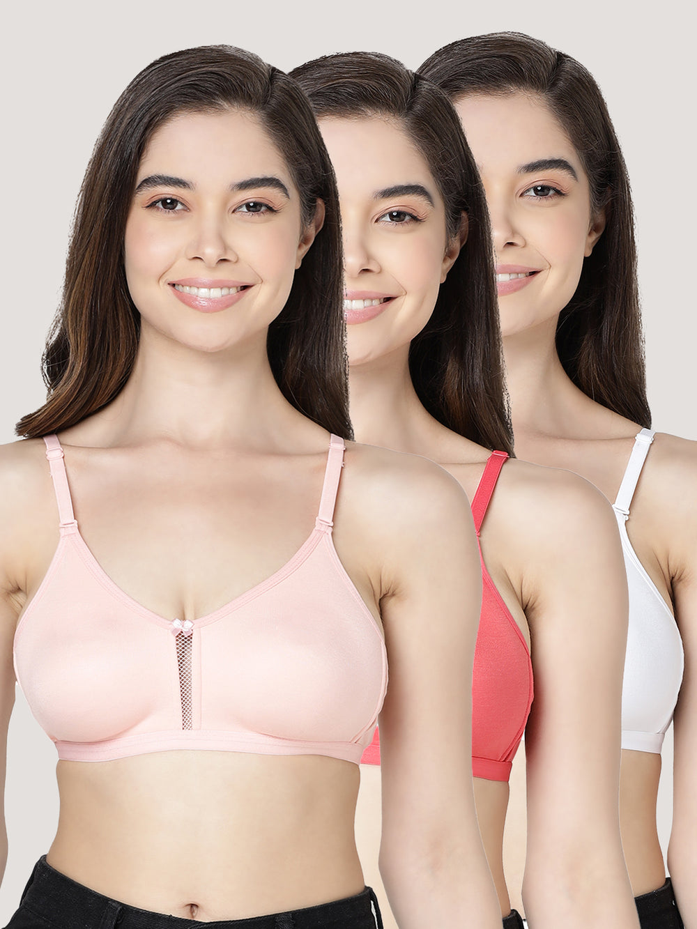 Gloria Full Coverage Double Layered Cups Everyday Bra | Pack of 3-CORAL PEACH WHITE