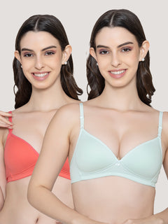 K LINGERIE Orchid Plunge Neck Soft Padded Detachable Straps Low Back Bra for Women & Girls-CORAL SEA GREEN