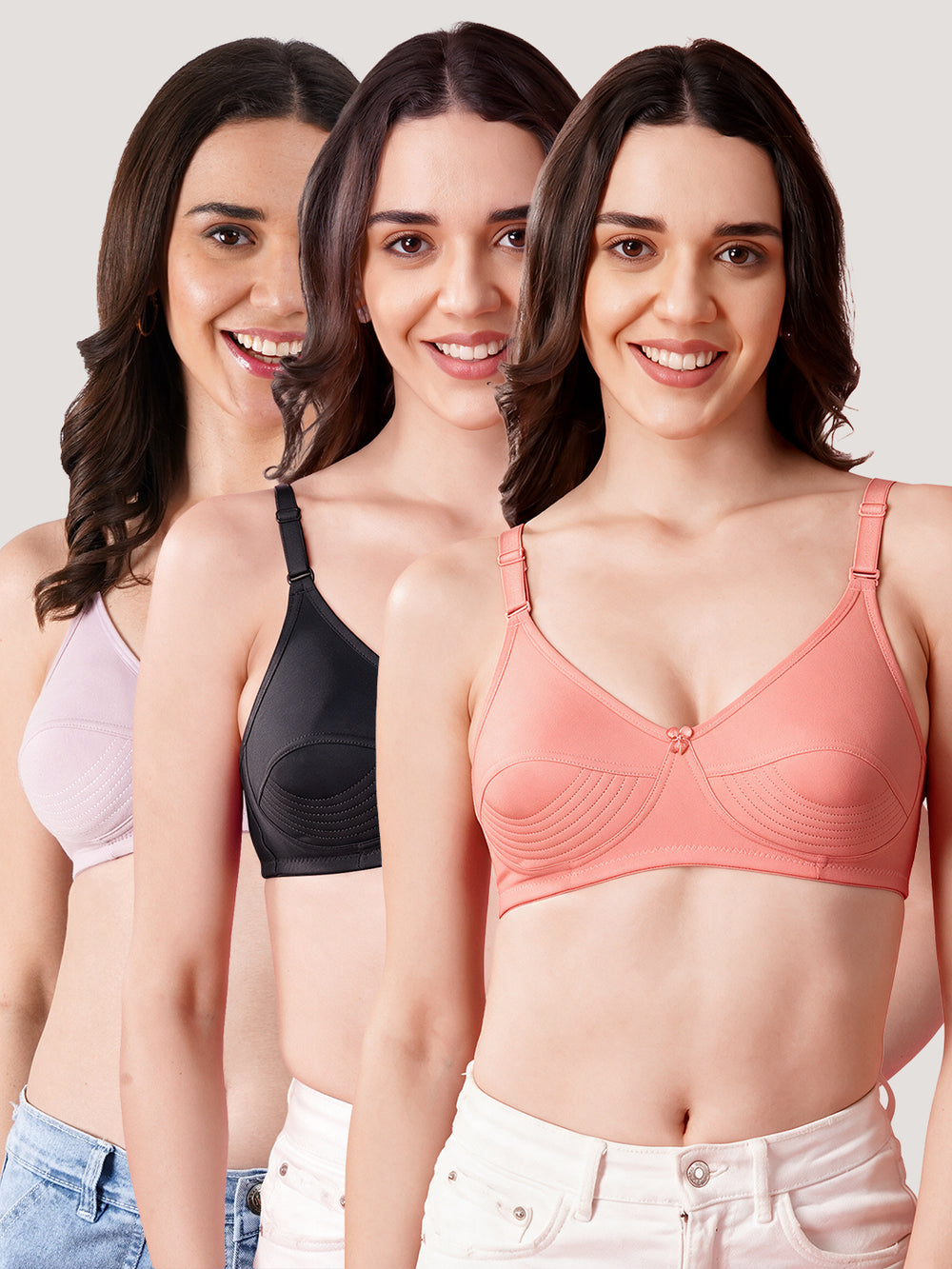 Pranika Non Padded Seamed Everyday Bra | Pack of 3 CREPE BLACK ROSE