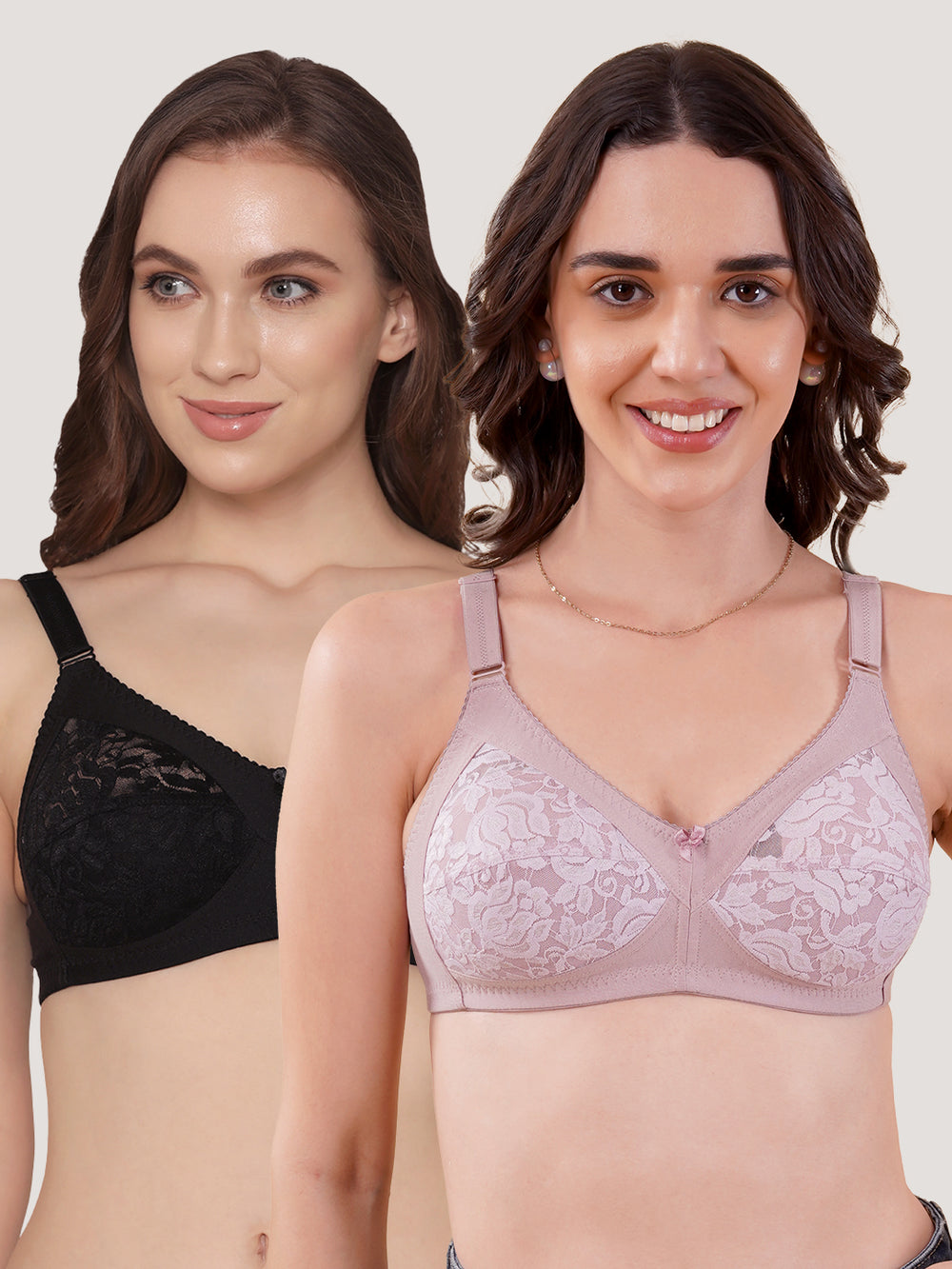 Clare Women's Full Support Non Padded Delicate Lace Bra | Pack of 2-Crepe Black
