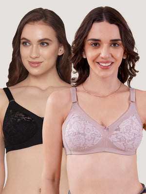 Clare Women's Full Support Non Padded Delicate Lace Bra | Pack of 2-Crepe Black