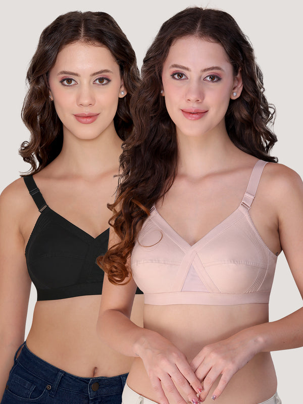 Kalyani Vega Ultimate Support Cross-Front Full Coverage Rich Cotton Bra with Side-Elastic Lift (C-F Cups) | Pack of 2 |CREPE BLACK