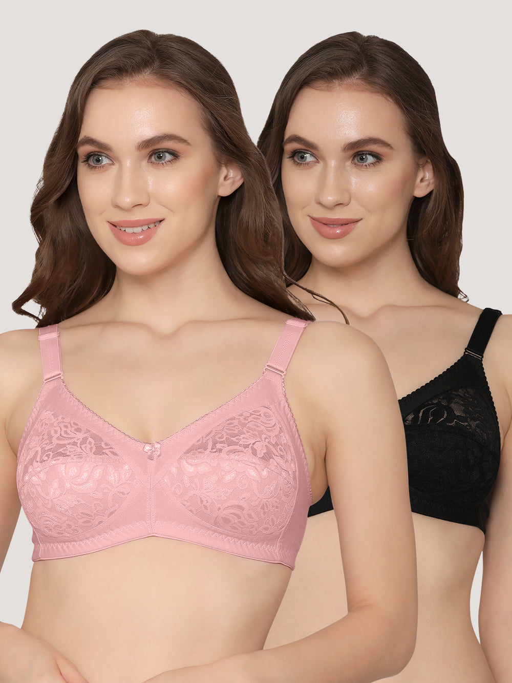 Clare Women's Full Support Non Padded Delicate Lace Bra | Pack of 2-Crepe Black