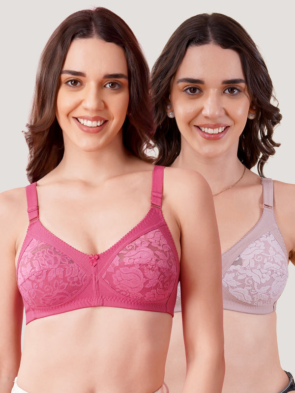 Clare Women's Full Support Non Padded Delicate Lace Bra | Pack of 2-Crepe D.Blush