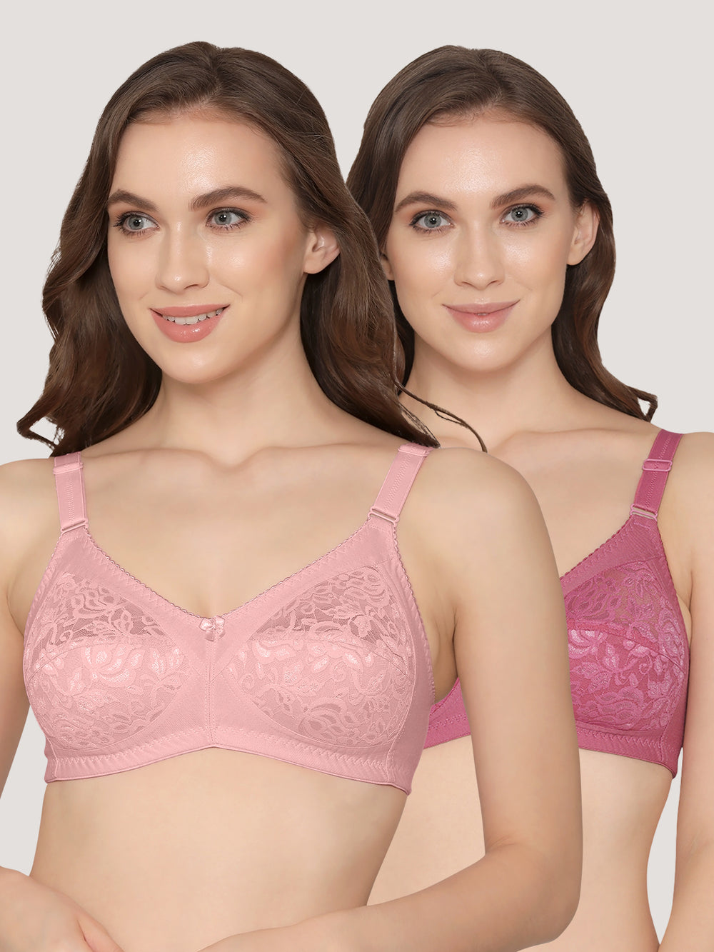 Clare Women's Full Support Non Padded Delicate Lace Bra | Pack of 2-Crepe D.Blush