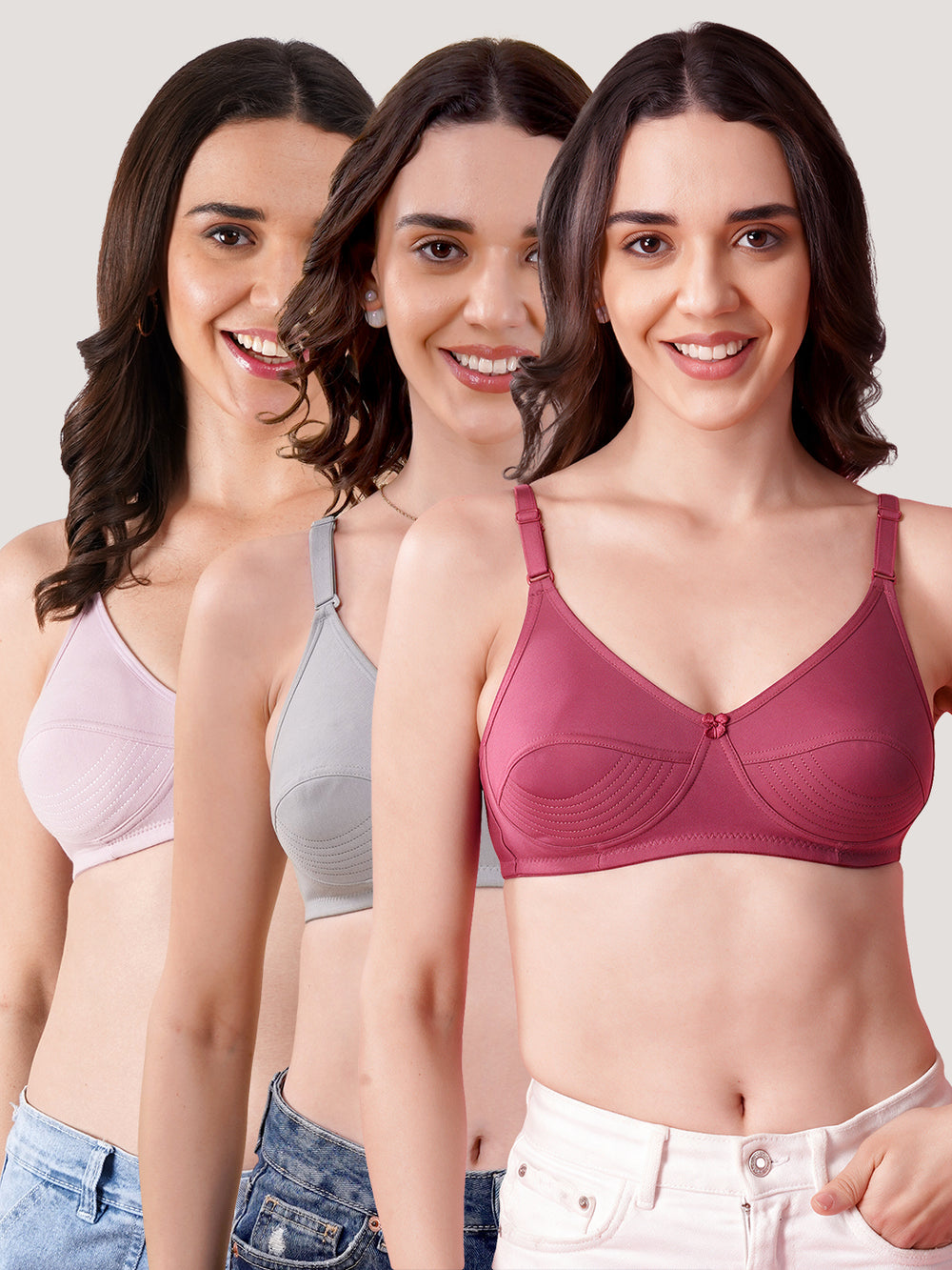 Pranika Non Padded Seamed Everyday Bra | Pack of 3 CREPE GREY ROSEBUD