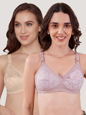 Clare Women's Full Support Non Padded Delicate Lace Bra | Pack of 2-Crepe L.Nude