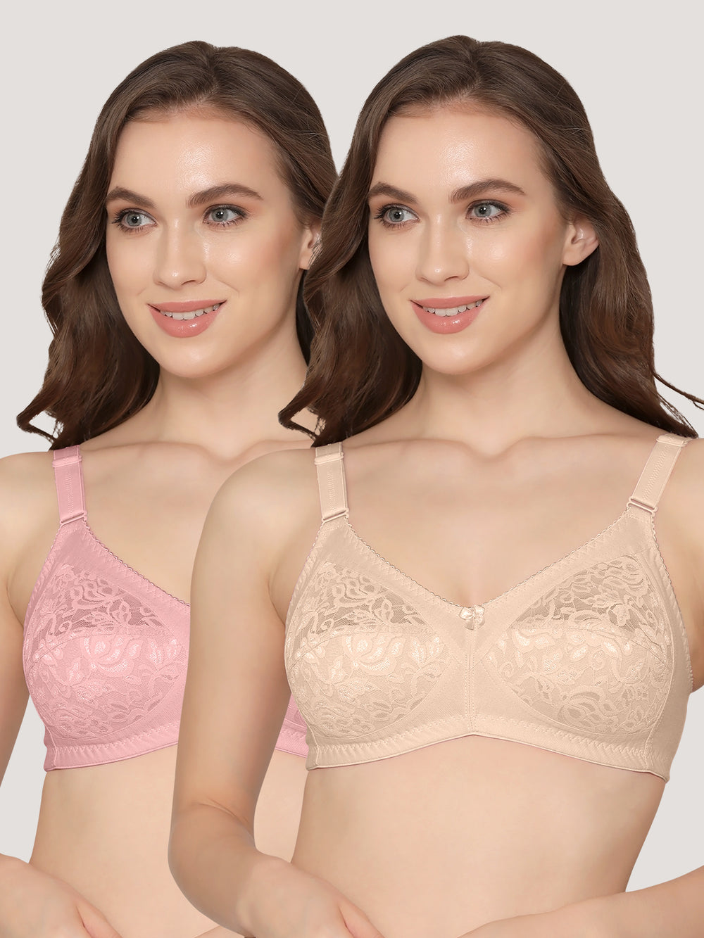 Clare Women's Full Support Non Padded Delicate Lace Bra | Pack of 2-Crepe L.Nude