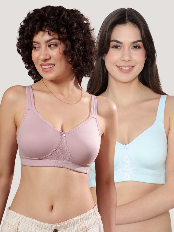 K LINGERIE Chase Double Layered Cups Center Lace Full Coverage Seamless Bra-CREPE SKY BLUE