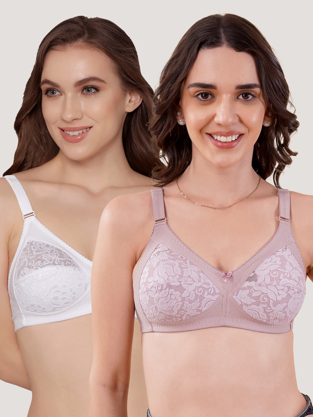 Clare Women's Full Support Non Padded Delicate Lace Bra | Pack of 2-Crepe White