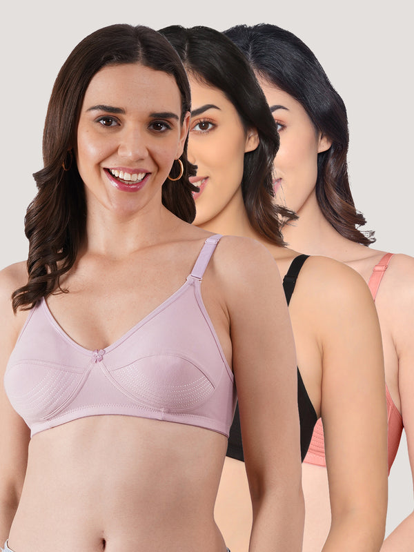 Pranika Non Padded Seamed Everyday Bra | Pack of 3 CREPE BLACK ROSE