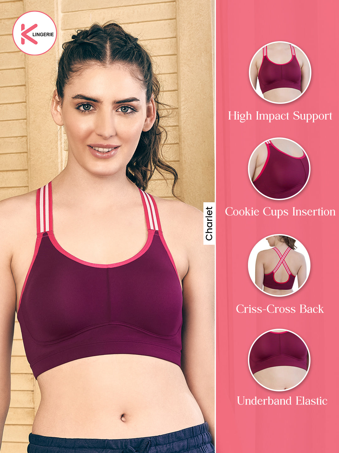 Charlet Cookie Cups Insertion High Impact Sports Bra-BLACK