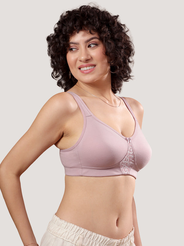 K LINGERIE Chase Double Layered Cups Center Lace Full Coverage Seamless Bra-GREY CREPE