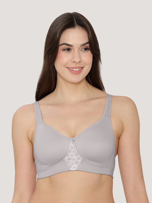 K LINGERIE Chase Double Layered Cups Center Lace Full Coverage Seamless Bra-GREY CREPE