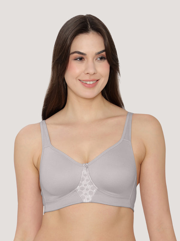 K LINGERIE Chase Double Layered Cups Center Lace Full Coverage Seamless Bra-GREY CREPE