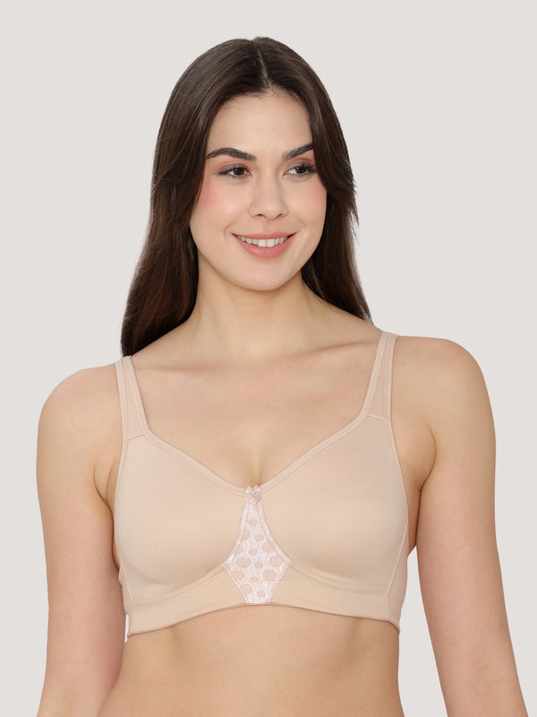 K LINGERIE Chase Double Layered Cups Center Lace Full Coverage Seamless Bra-L.NUDE CREPE