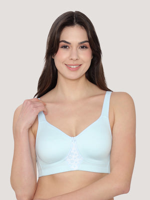 K LINGERIE Chase Double Layered Cups Center Lace Full Coverage Seamless Bra-CREPE SKY BLUE