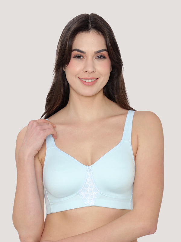 K LINGERIE Chase Double Layered Cups Center Lace Full Coverage Seamless Bra-CREPE SKY BLUE