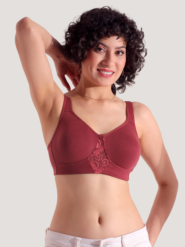 K LINGERIE Chase Double Layered Cups Center Lace Full Coverage Seamless Bra-WINE WINE
