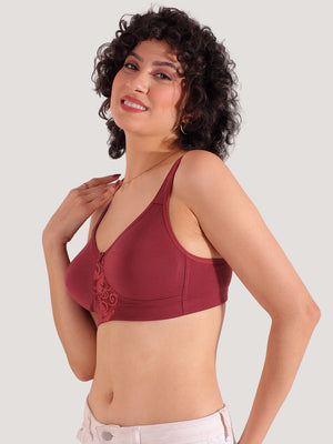 K LINGERIE Chase Double Layered Cups Center Lace Full Coverage Seamless Bra-WINE WINE