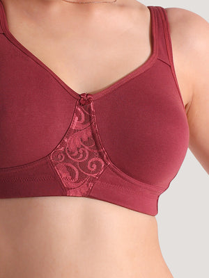 K LINGERIE Chase Double Layered Cups Center Lace Full Coverage Seamless Bra-WINE WINE