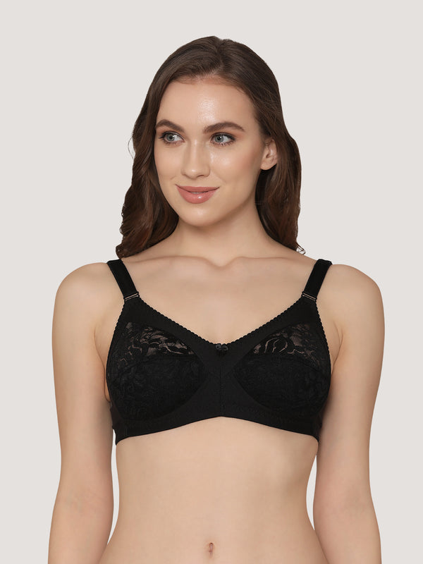 K LINGERIE Clare Women's Full Support Non Padded Delicate Lace Bra-BLACK WHITE
