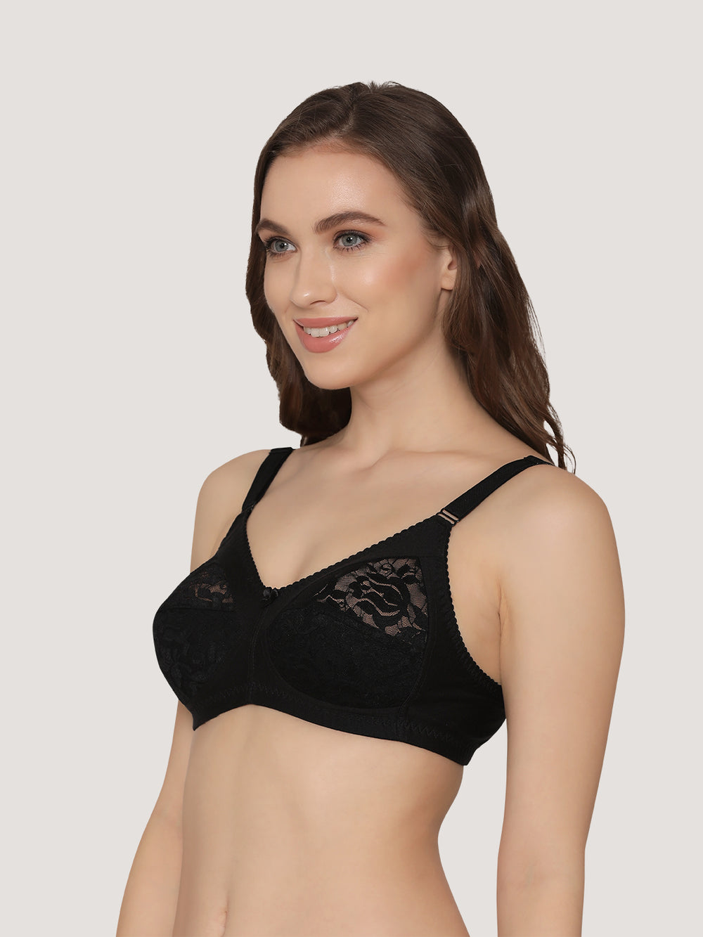 K LINGERIE Clare Women's Full Support Non Padded Delicate Lace Bra-BLACK WHITE