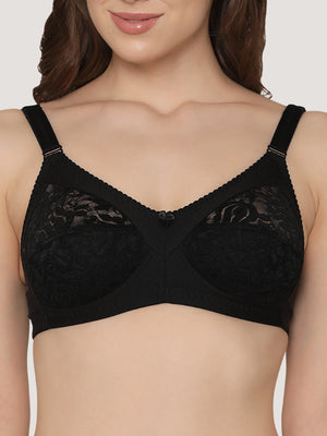 K LINGERIE Clare Women's Full Support Non Padded Delicate Lace Bra-BLACK WHITE