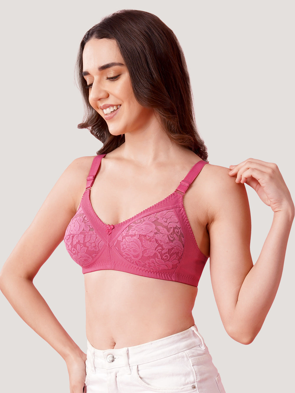 K LINGERIE Clare Women's Full Support Non Padded Delicate Lace Bra-D.BLUSH WHITE