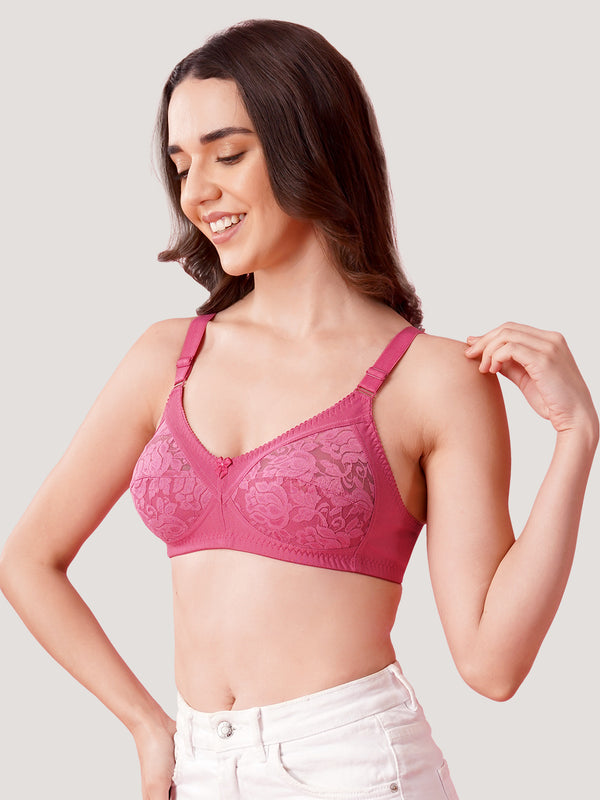 Clare Women's Full Support Non Padded Delicate Lace Bra | Pack of 2- D.Blush Black