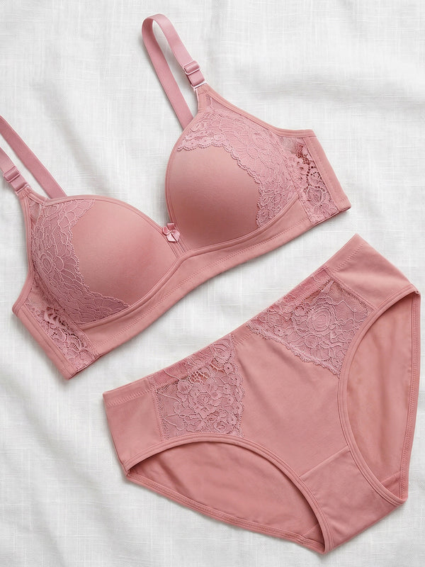 Kalyani Jeniffer Deep Neck Style Wirefree Support Padded Everyday Lace Bra Panty Set | Crepe