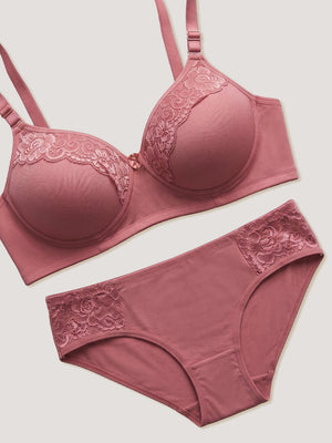 Kalyani Cristina Medium Coverage Wirefree Support Padded Daily Wear Lace Lingerie Set | Dusty Rose