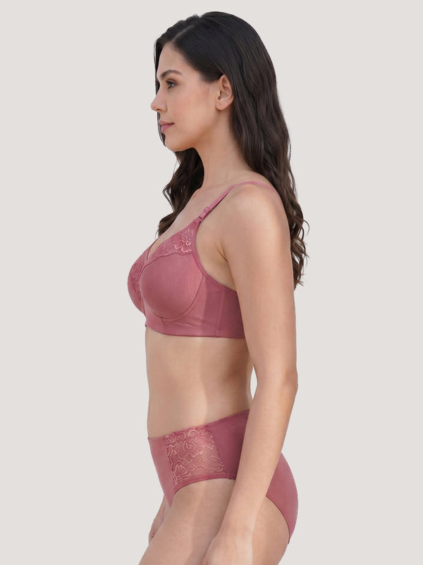Kalyani Cristina Medium Coverage Wirefree Support Padded Daily Wear Lace Lingerie Set | Dusty Rose