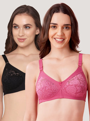 Clare Women's Full Support Non Padded Delicate Lace Bra | Pack of 2- D.Blush Black