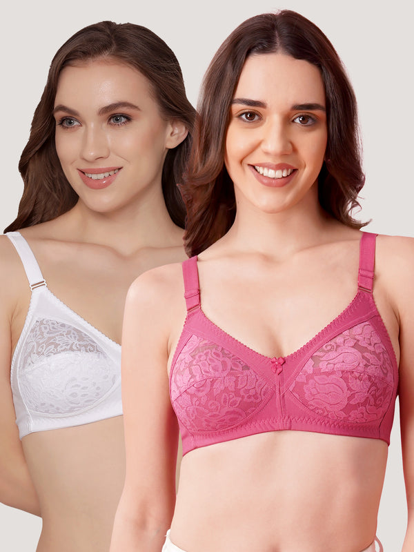 K LINGERIE Clare Women's Full Support Non Padded Delicate Lace Bra-D.BLUSH WHITE
