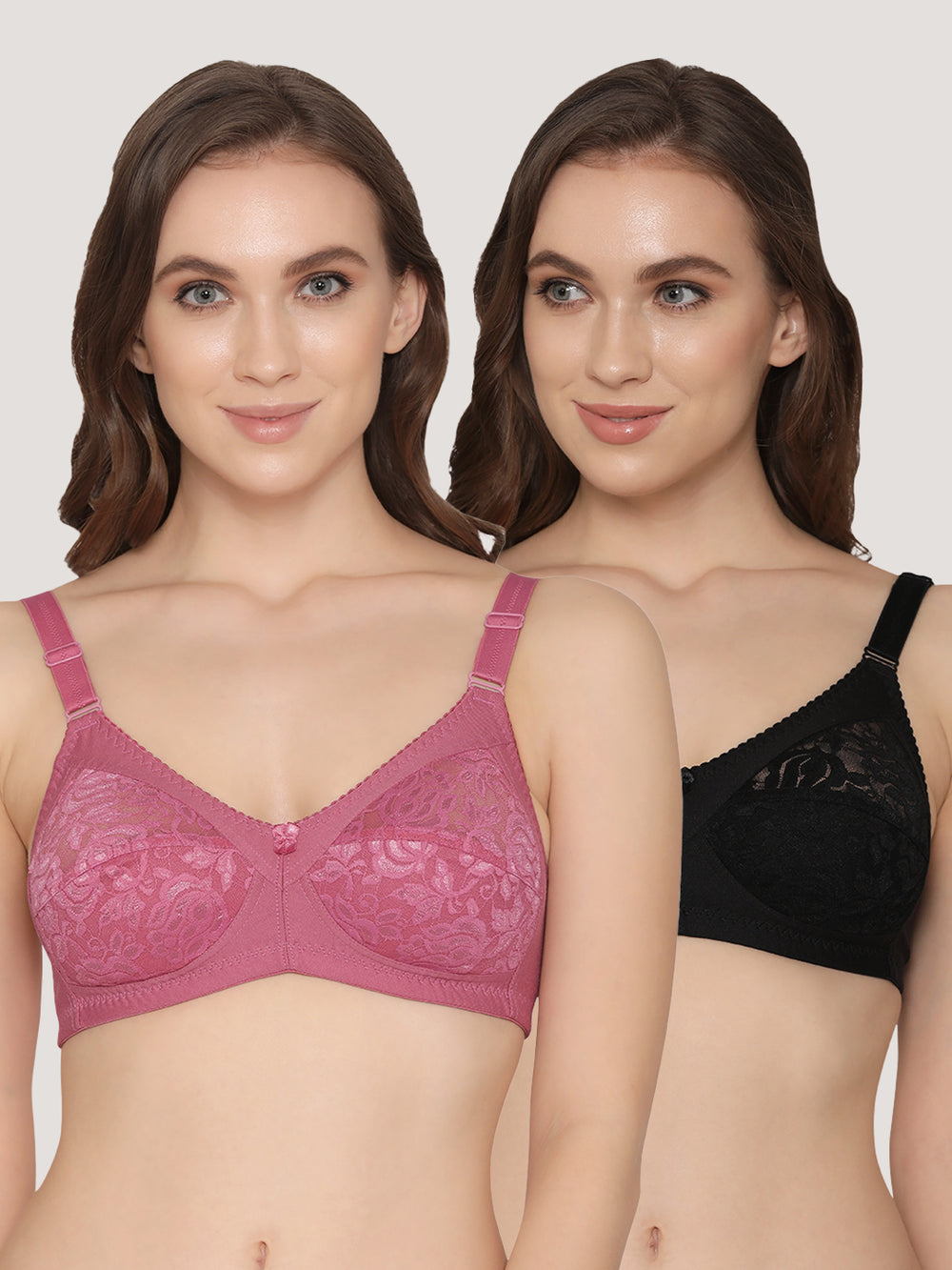 Clare Women's Full Support Non Padded Delicate Lace Bra | Pack of 2- D.Blush Black