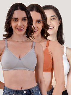 Evlyn Double Layered Cups Regular Bra | Pack of 3 | D.PEACH GREY WHITE