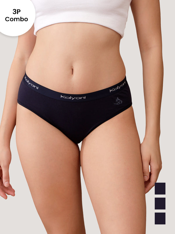 Jazzie Women Hipster Panties | Mid-Rise | 100% Cotton | Pack of 3-DARK BLUE DARK BLUE DARK BLUE