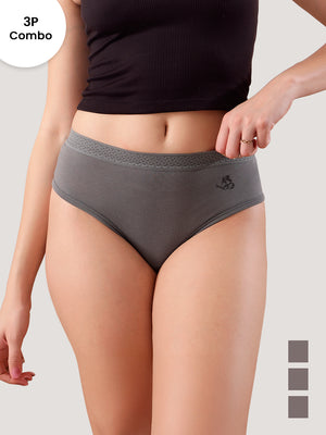 Oshiya Micro Modal Mid Rise Hipster Panty with Full Back Coverage Pack of 3 | DARK GREY DARK GREY DARK GREY