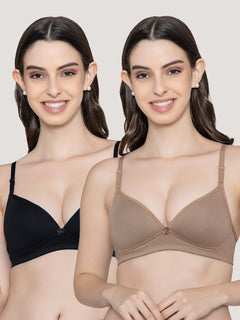 K LINGERIE Orchid Plunge Neck Soft Padded Detachable Straps Low Back Bra for Women & Girls-DARK NUDE BLACK