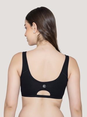 K LINGERIE Daisey Women's Flexible Fit Medium Impact Sports Bra for Light Workouts-NUDE BLACK