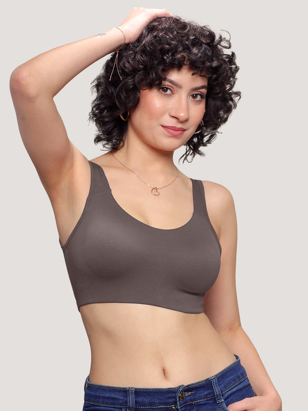 K LINGERIE Daisey Women's Flexible Fit Medium Impact Sports Bra for Light Workouts-L.WINE GREY