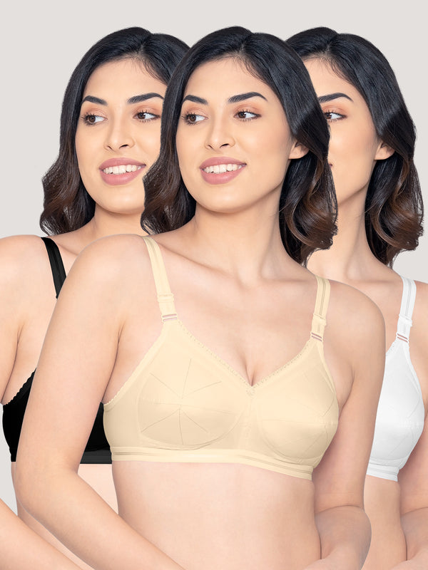 Damini Full Coverage Cotton Everyday Bra | Pack of 3-BLACK SKIN WHITE