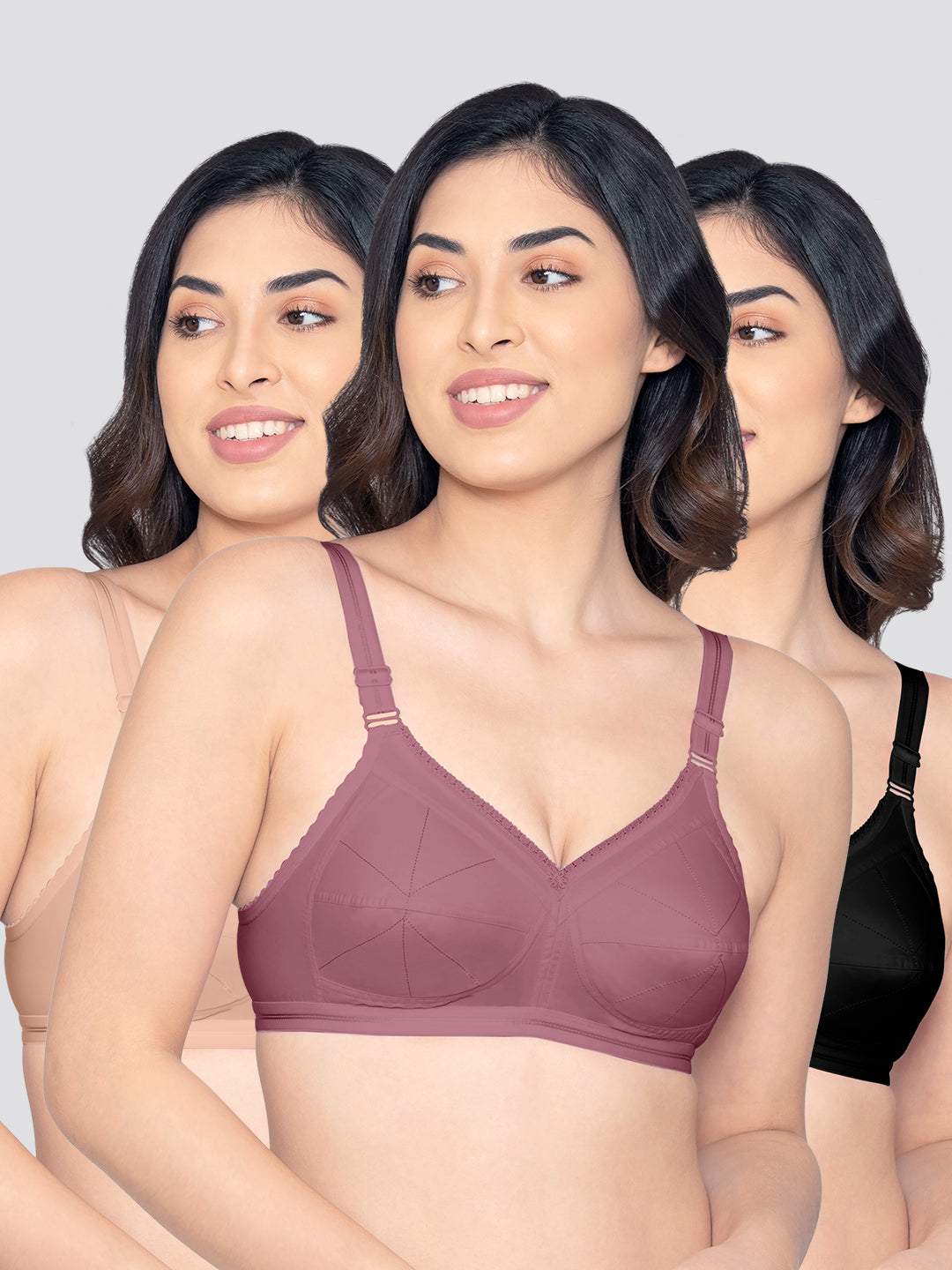 Damini Full Coverage Cotton Everyday Bra | Pack of 3-FAWN ONION BLACK