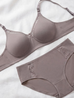 Kalyani Nyra Minimalistic Lace Medium Coverage Wirefree Support Padded Bra Panty Set | Dark Grey