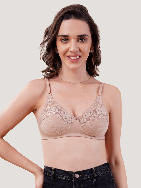 Deepali Non Padded Everyday Lace Bra | Pack of 3-ROSEBUD FAWN GREY