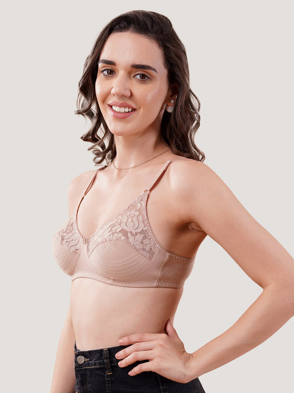 Deepali Non Padded Everyday Lace Bra | Pack of 3-FAWN BLACK ROSE